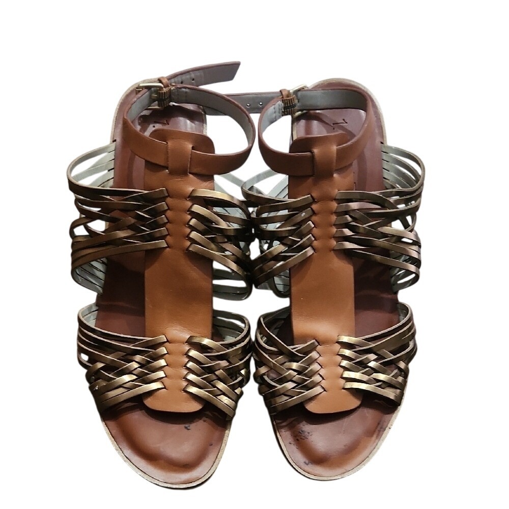 1. State Mayliah Woven Leather Cognac Gold Ankle Buckle Low Wedge Sandal 7.5